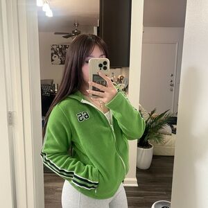 Green Sporty y2k Vintage Zip-Up Jacket with Striped Sleeves